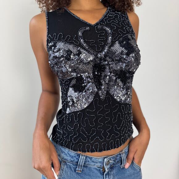 Vintage Euro black mesh sequin butterfly top (Small) - Picture 5 of 7